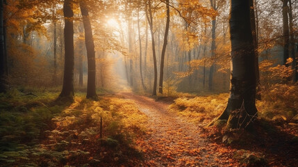 Obraz premium Beautiful autumn forest scene with warm golden and orange leaves, soft sunlight streaming through the trees, creating a cozy, seasonal atmosphere, no people