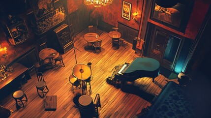 A dimly lit room with a grand piano and bar.