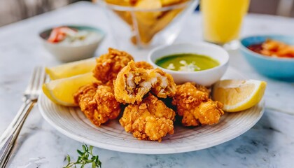 Golden, Crispy Chicken Karaage Served with Lemon Wedges and a Soy-Ginger Dipping Sauce, Captured in a Bright and Vibrant Street Food Setting