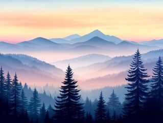 Serene mountain landscape at dusk with layers of trees and misty hills.
