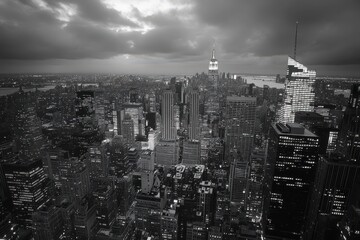 Cityscape with dramatic clouds and sun rays.