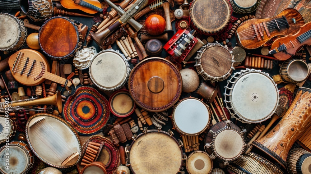 Poster a mosaic of different musical instruments blending into a symphony of sound, symbolizing the harmony