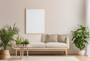 Blank Wall Poster Mockup in Cozy Living Room
