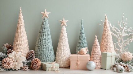 Handmade craft Christmas trees with decorations, sustainable living lifestyle