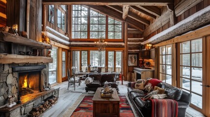 Cozy cabin living room with fireplace and large windows.