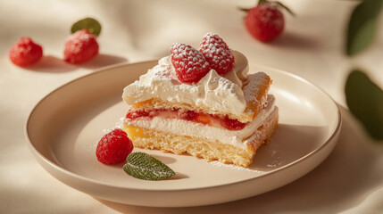 Slice of French cream cake fashion raspberry strawberry decor beige minimalism background. food photography advertising modern delicious atmosphere cute luxury wallpaper