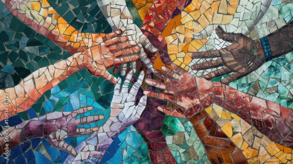 Poster a mosaic of hands of different ages and abilities forming a circle of support, symbolizing inclusivi