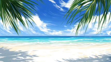 Fototapeta premium A picturesque view of a tropical beach with white sand, turquoise water, and palm trees.