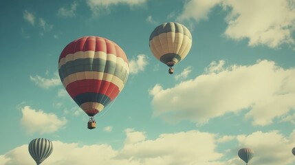 Obraz premium Hot air balloons soar in a blue sky.