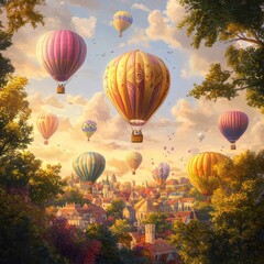 Fototapeta premium Hot air balloons soar over a town at sunset.