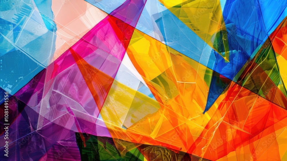 Poster a mosaic of overlapping transparent layers in vibrant colors, depicting the complexity and beauty of