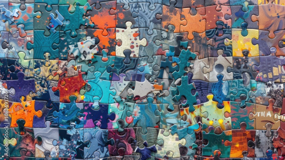 Poster A mosaic of puzzle pieces in different shapes and sizes fitting together seamlessly, representing the collective strength and unity found in diversity, photography style