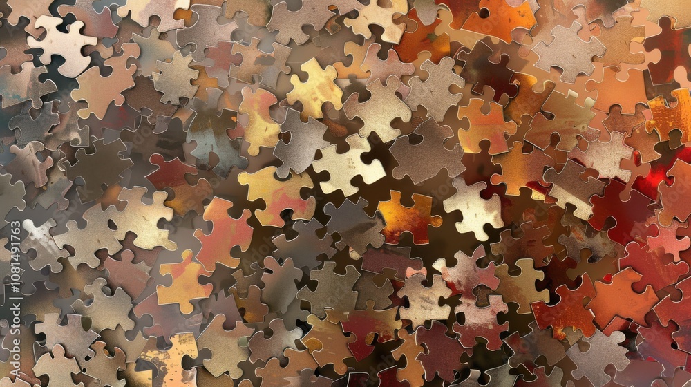 Poster A mosaic of puzzle pieces in different shapes and sizes fitting together seamlessly, representing the collective strength and unity found in diversity, photography style