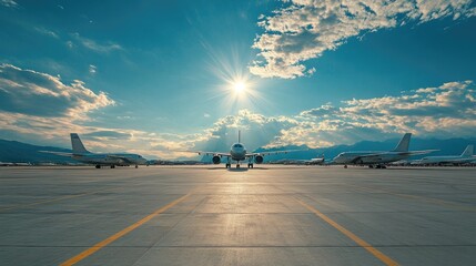 A row of airplanes on the tarmac at an airport with a bright sun in the background.