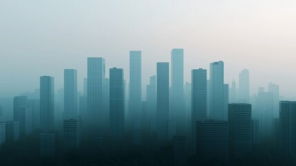 Obraz premium A misty skyline of towering skyscrapers, creating a mysterious and serene atmosphere. The buildings appear shrouded in fog.