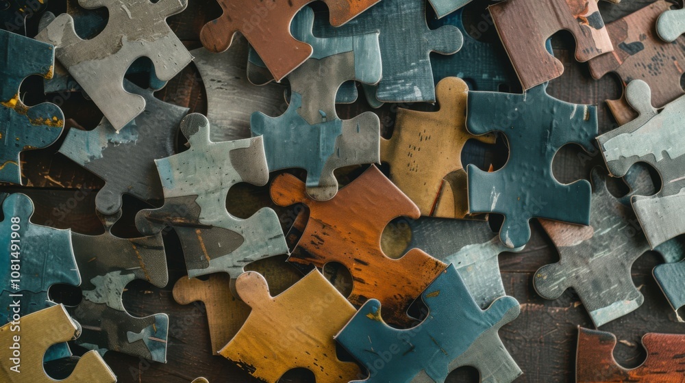 Poster a mosaic of puzzle pieces in varied shapes and textures fitting together seamlessly, representing th