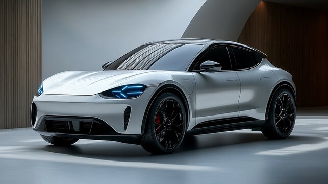 Sleek electric vehicle showcase modern studio car photography indoor angled view innovative design