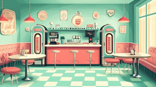 Retro diner interior with red and green decor.