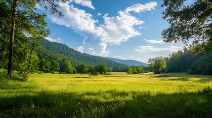 Obraz premium Scenic landscape with green grassy meadow, mountains, and trees on a sunny summer day with blue sky and white clouds