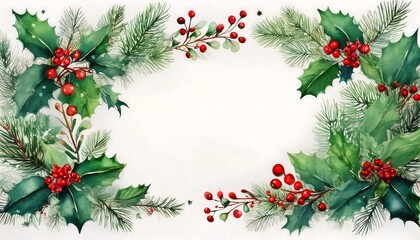 Watercolor New Year frame with green holly, red berries, and evergreens on a light background. Generative AI