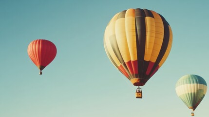 Naklejka premium Three colorful hot air balloons against blue sky.