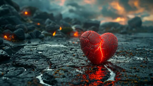Heart-shaped stone with fiery cracks on a stormy beach. Symbolism of love, heartbreak, and passion. Ideal for creative storytelling, book covers, and metaphorical illustrations with place for text.