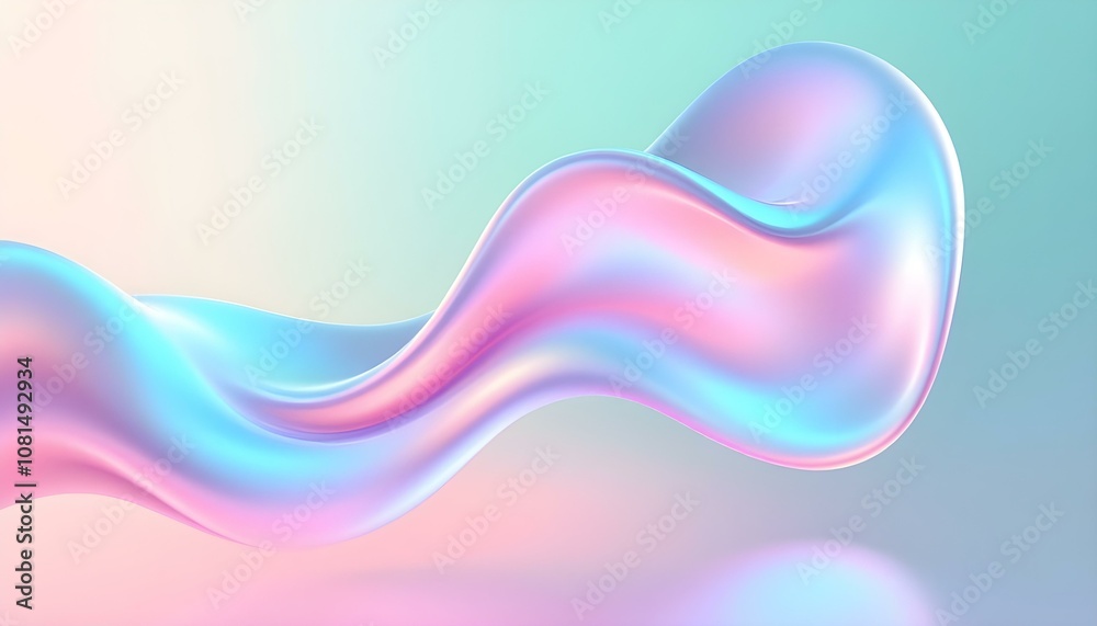 Poster wavy glass shapes background. 3d crystal glass liquid wave with refraction and holographic effect is