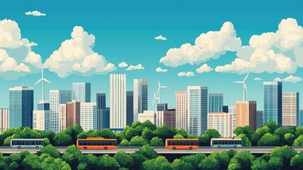 Fototapeta premium A vibrant cityscape featuring modern skyscrapers, green landscapes and stylized public transport under a bright blue sky with fluffy clouds.