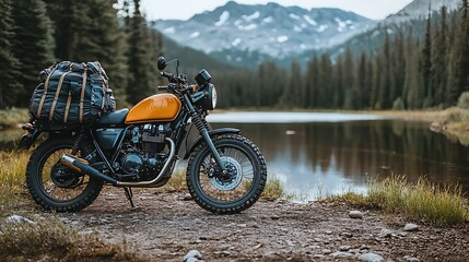 Obraz premium Motorcycle adventure mountain lake outdoor photograph scenic nature side view exploration