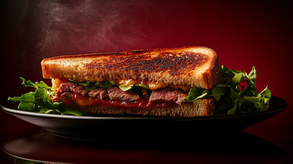 Delicious grilled sandwich with layers veggies cheese plate food photography tasty meal gourmet fashion burgundy luxury burgundy background with copy space. for cuisine restaurant recipe advertising
