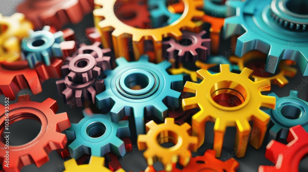 Poster a network of interconnected gears in different colors and sizes, symbolizing the integration and col