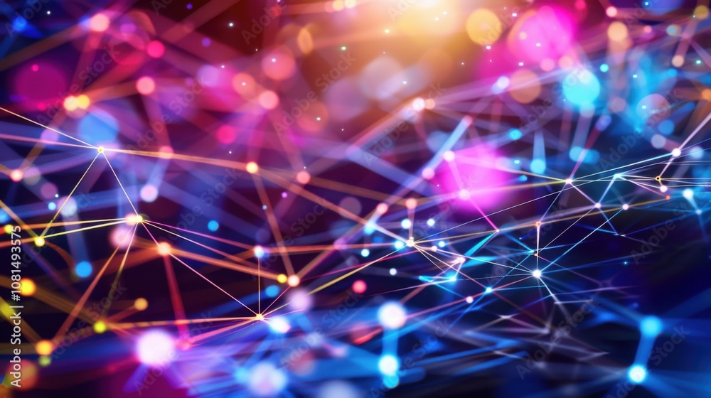Poster A network of interconnected digital nodes in varied colors, representing the interconnectedness and collaboration of diverse communities, photography style