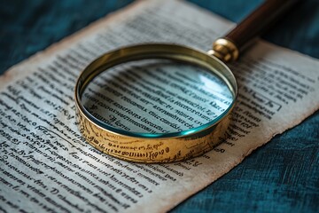 glass placed over documents on a textured surface signifying detail-oriented analysis, research, and investigation.