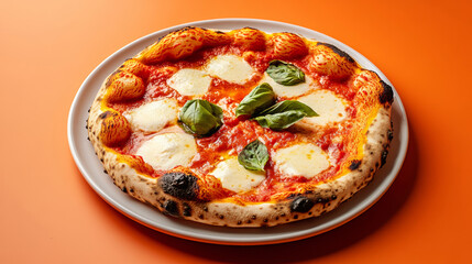 Delicious neapolitan italian napoli pizza margherita food photography tasty meal gourmet fashion burgundy background with copy space. for cuisine dishes restaurant recipe advertising