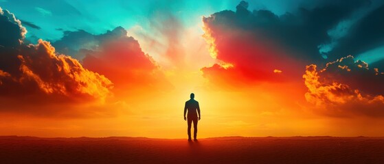 A silhouette of a person stands against a vibrant sunset with colorful clouds, evoking a sense of peace and contemplation.