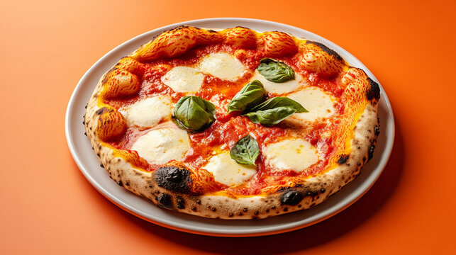 Delicious neapolitan italian napoli pizza margherita food photography tasty meal gourmet fashion burgundy background with copy space. for cuisine dishes restaurant recipe advertising