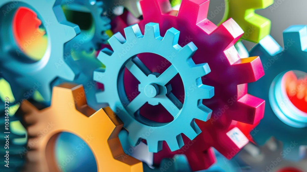 Poster a network of interconnected gears in different colors and sizes, symbolizing the integration and col