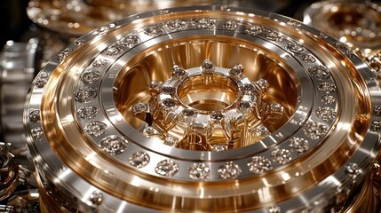 Closeup of a gold-plated metal wheel with intricate design.
