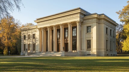 A classical style building with a large facade of white stone and a series of columns. The building is surrounded by a grassy lawn and trees.