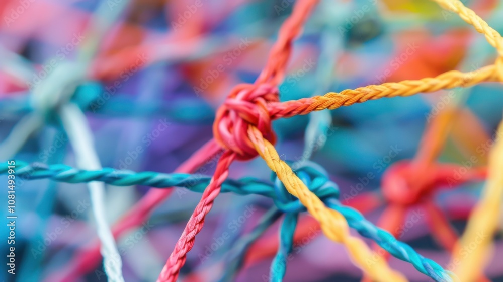 Leinwandbilder a network of interconnected threads in different colors forming a strong fabric, metaphorizing the i