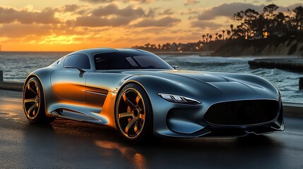 Fototapeta premium Sunset drive luxury car coastal road photography scenic dynamic