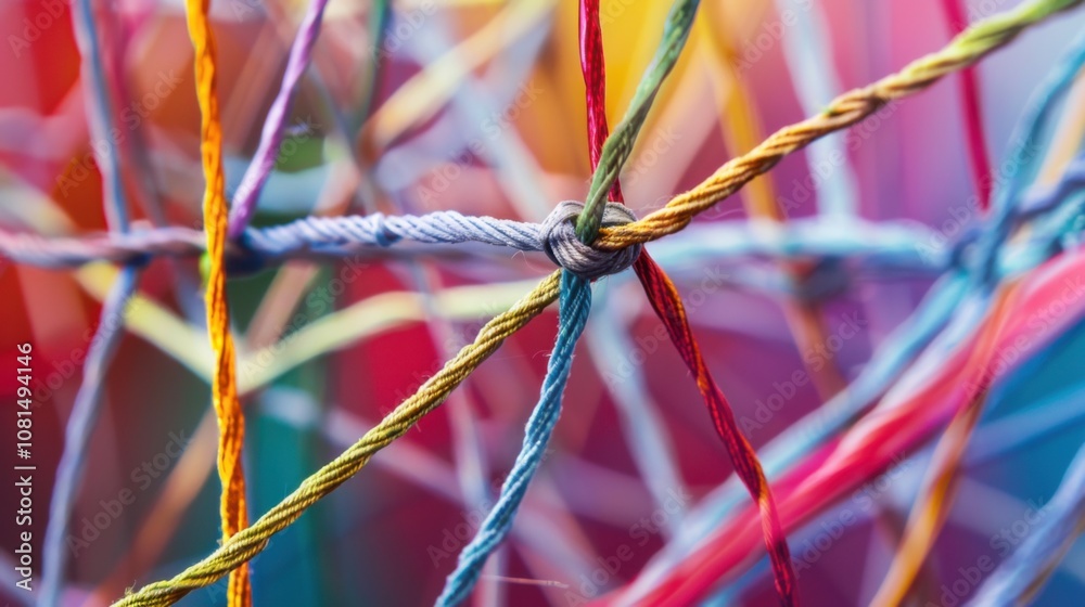 Poster A network of interconnected threads in diverse hues weaving into a resilient fabric, Metaphorizing the strength and interconnectedness of diverse viewpoints, photography style