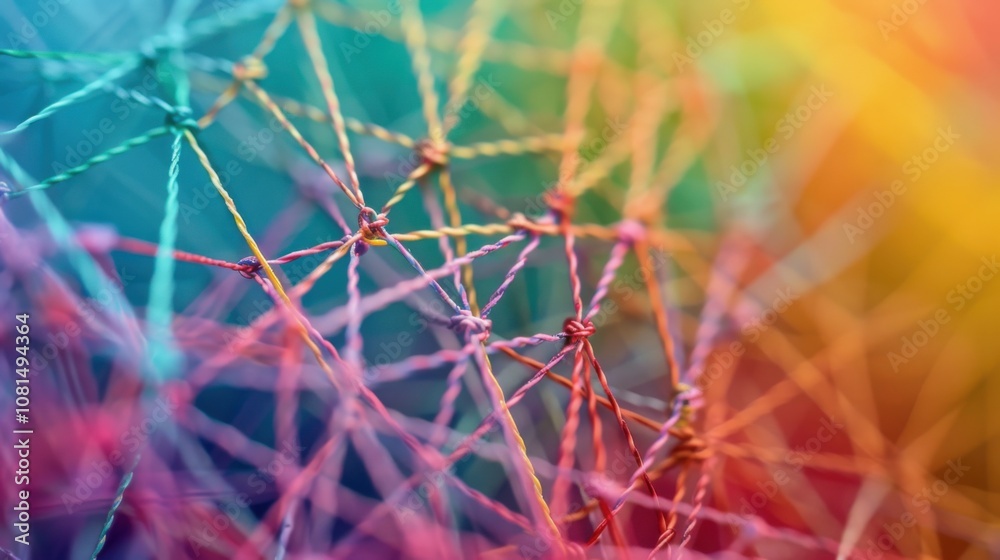 Poster A network of interconnected threads in various hues forming a resilient fabric, Metaphorizing the interdependence and resilience of diverse viewpoints, photography style