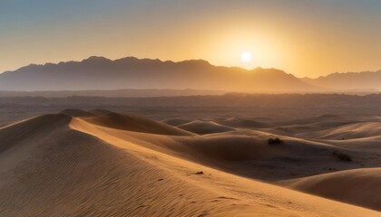 Golden Sunset Over a Vast Desert Landscape With Rolling Sand Dunes and a Distant Mountain Range, Captured Under a Clear Sky for a Stunning Natural Landscape Scene