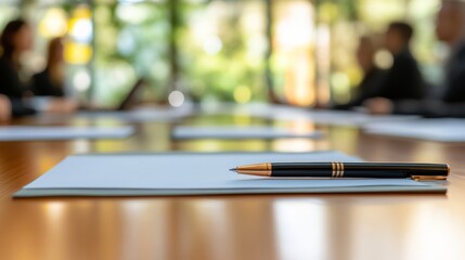 Business Documents on Desk with Blurred Meeting Background