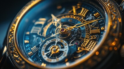 Close-up of a intricate mechanical watch face with Roman numerals.