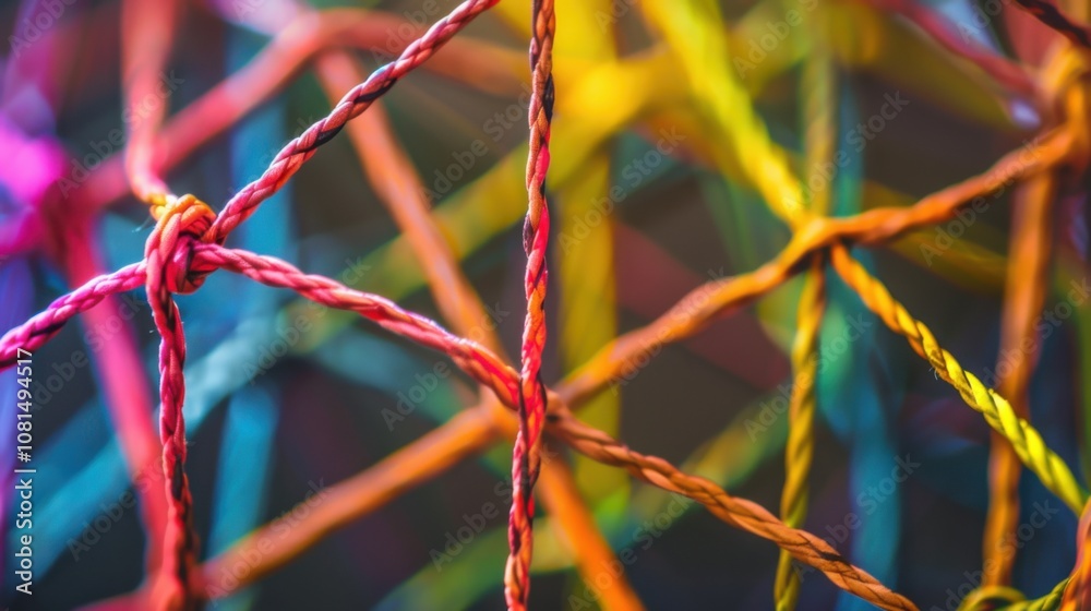 Poster A network of intertwined threads in different shades forming a resilient fabric, Metaphorizing the interconnectedness and strength of diverse viewpoints, photography style