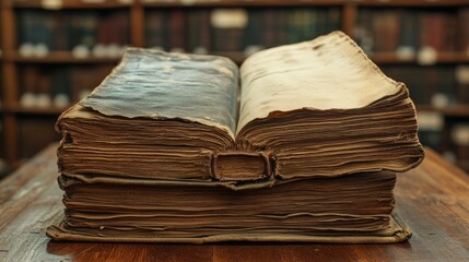 Obraz premium An open, aged leather-bound book sits on a wooden table with a bookshelf in the background.