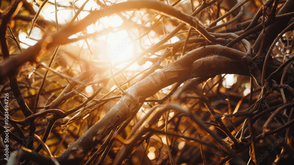 Poster A network of intertwining branches in assorted shades, metaphorizing the strength and resilience found in the interweaving of diverse experiences, photography style