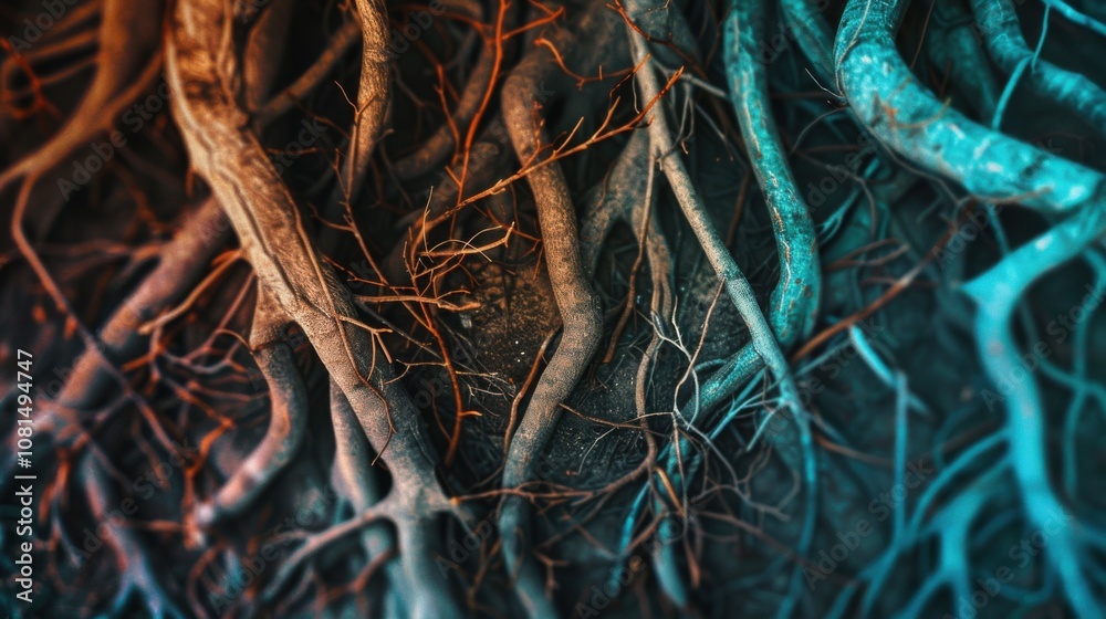Aufkleber A network of intertwining roots in different shades, Symbolizing the strength and interconnectedness of diverse cultural foundations, photography style